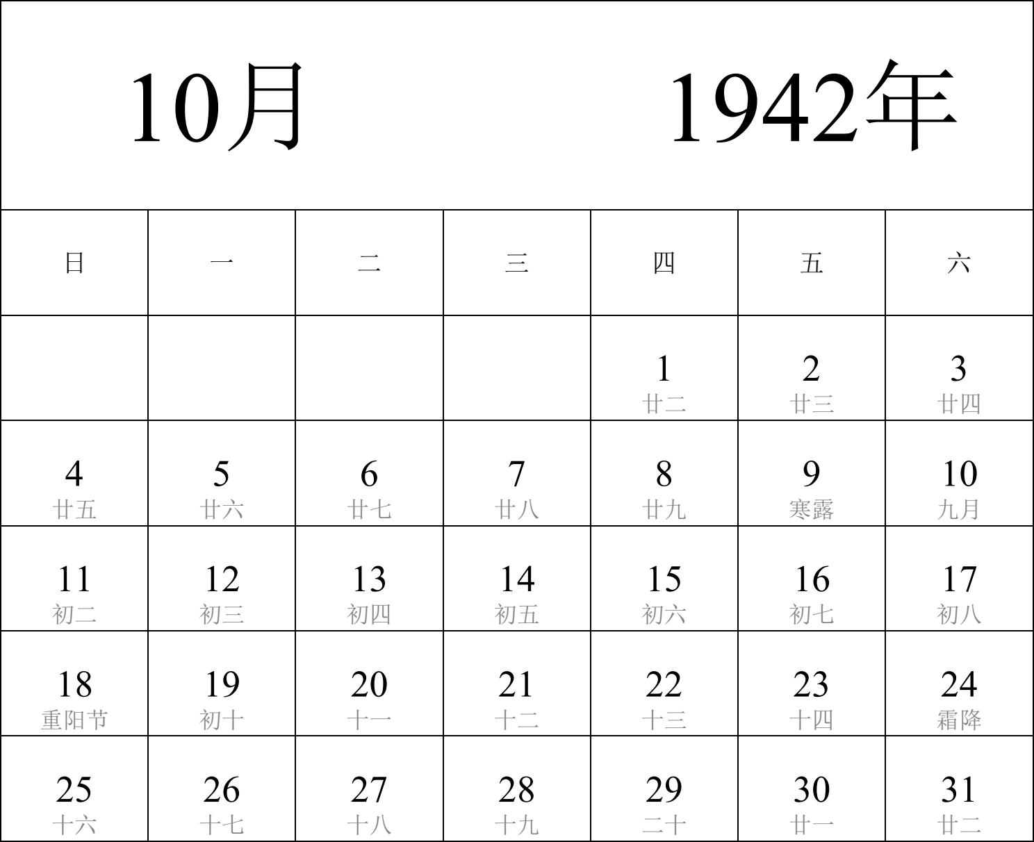 日历表1942年日历 中文版 纵向排版 周日开始 带农历